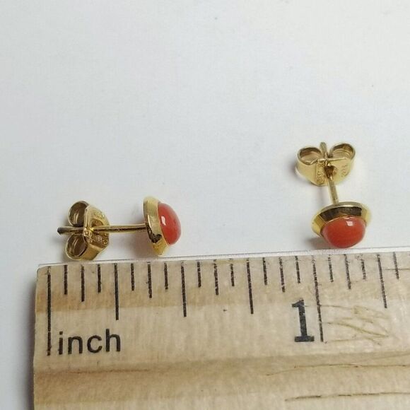 Vintage Sterling Silver Gold Overlay Orange Cabochon Stud Earrings, Small Estate - Picture 5 of 7